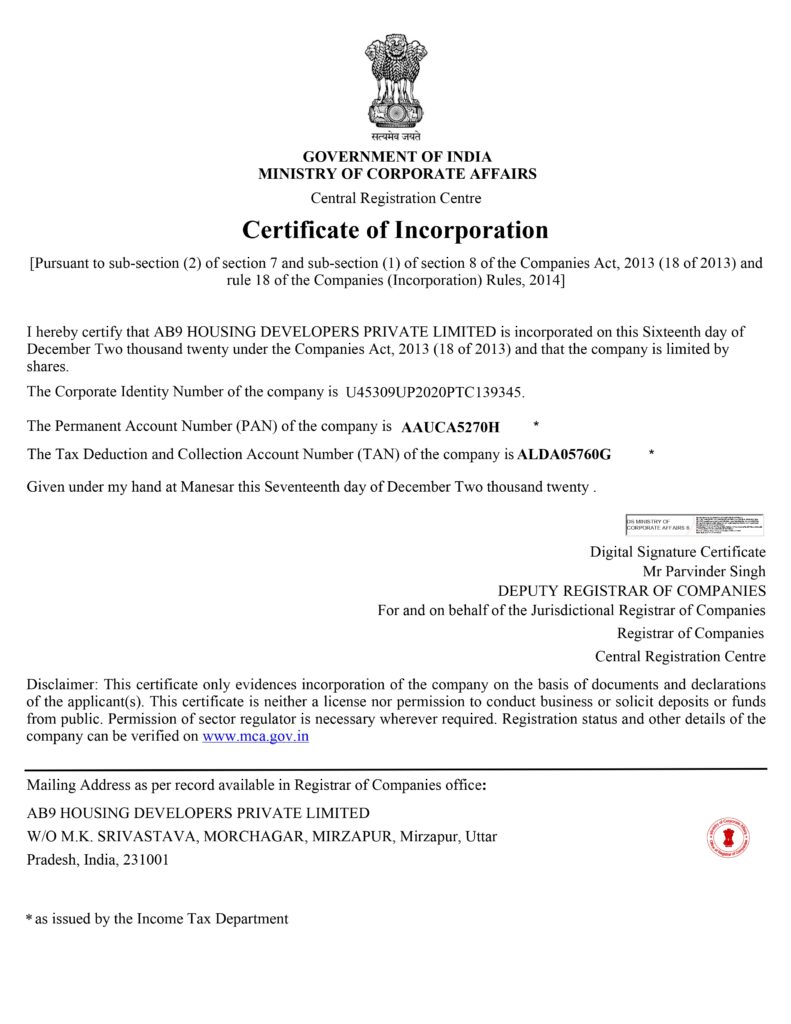 CERTIFICATE OF INCORPORATION AB9